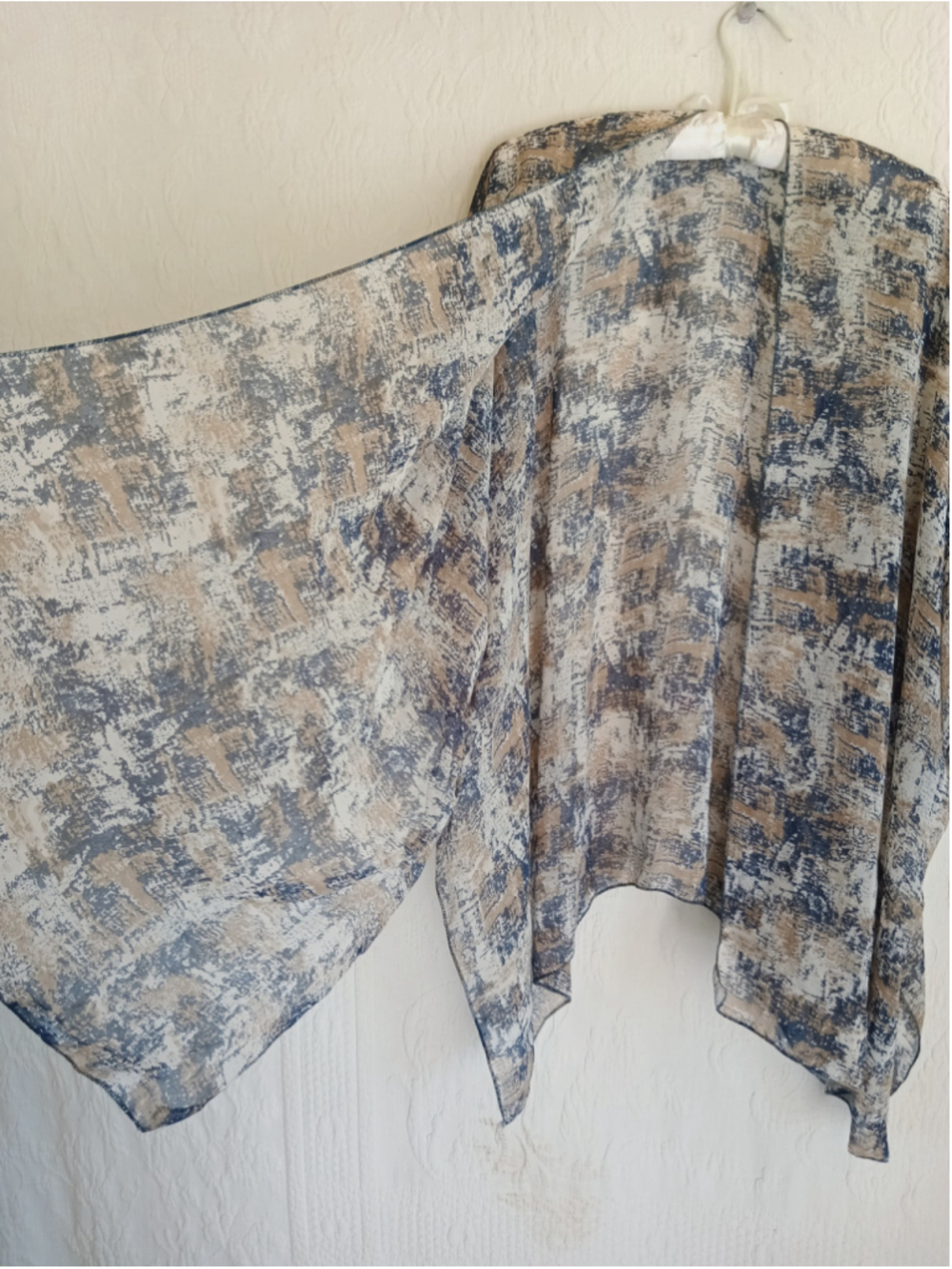 Sand n Sky Abstract Print Kimono sheer open front Blouse Beige Blue flowy draped - Picture 6 of 8